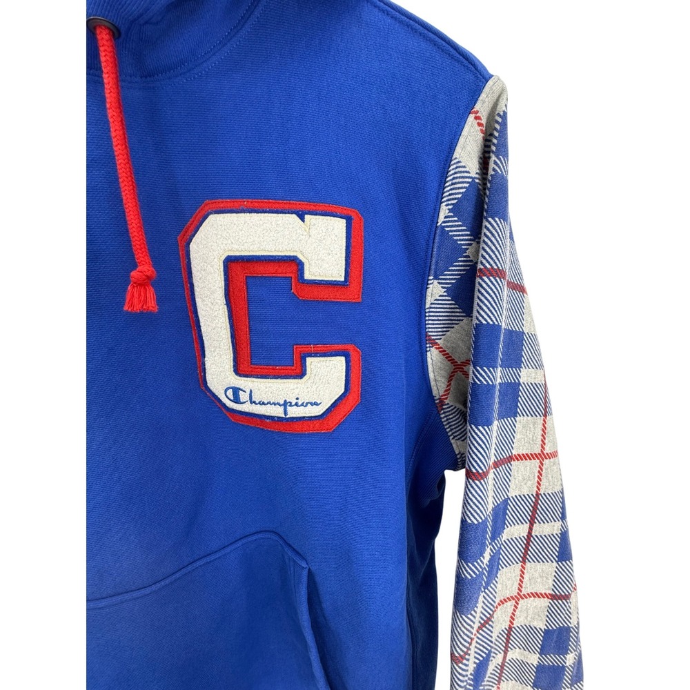 Champion Reverse Weave Blue Plaid Sleeve Hoodie Sweatshirt Men Medium - Picture 3 of 11